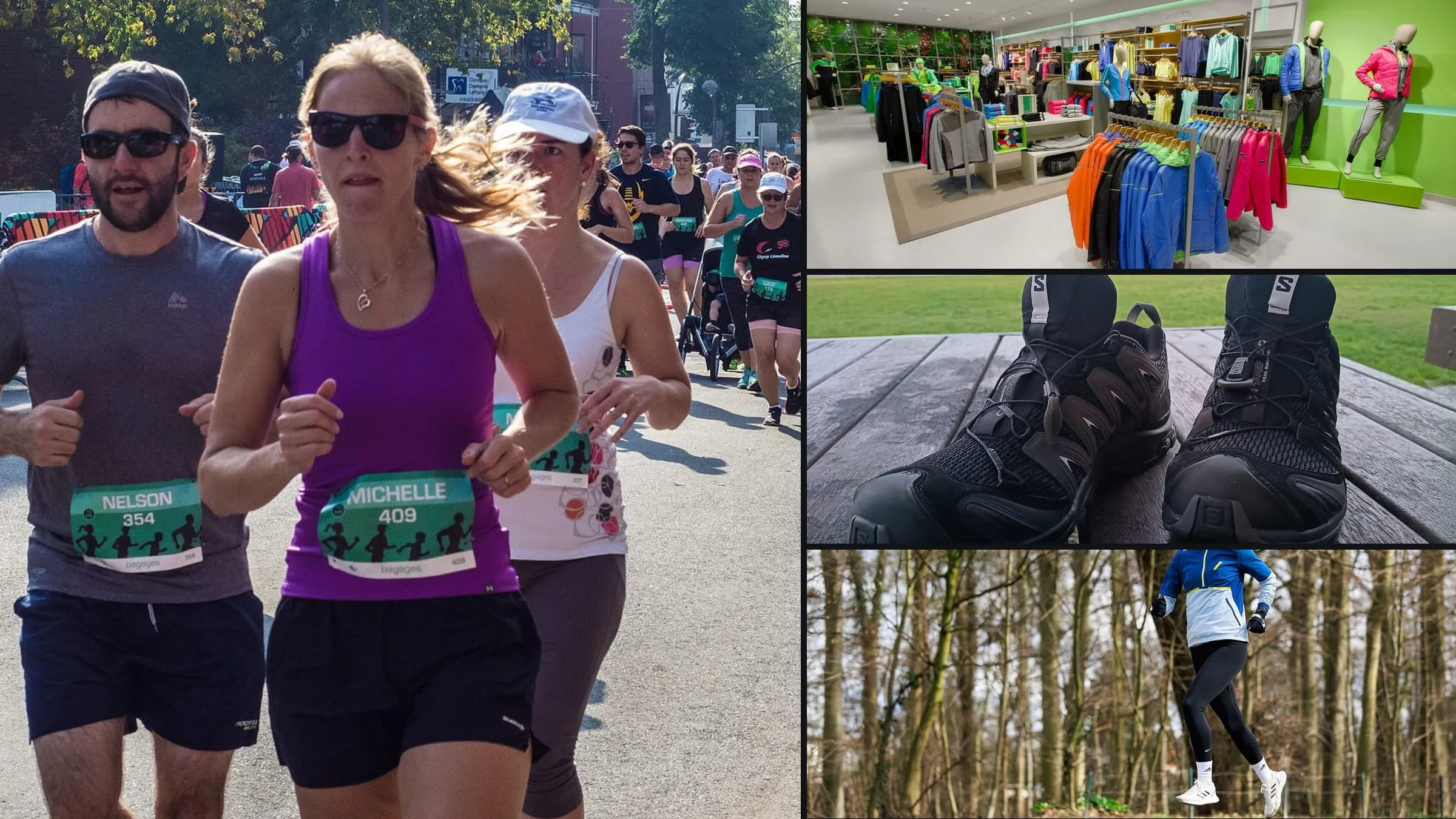 A banner of four photographs: runners in a road race, sportswear on rails in a shop, a pair of trail shoes and a runner in a wooded park